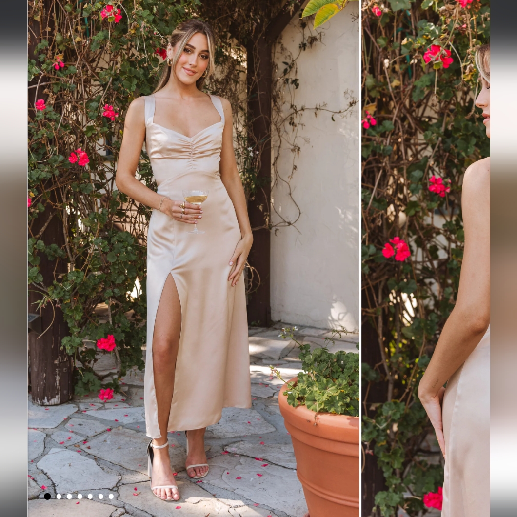 Show Me Your Mumu Mina Champagne Luxe Satin Midi Dress